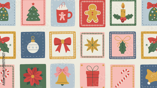 Charming seamless pattern design showcasing a variety of festive Christmas and winter holiday illustrations, perfect for seasonal greetings, textiles, and decorations