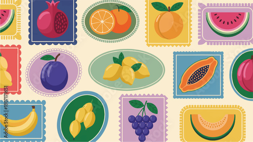 Colorful Fruits on Stamps Seamless Pattern Design for Decorative Backgrounds