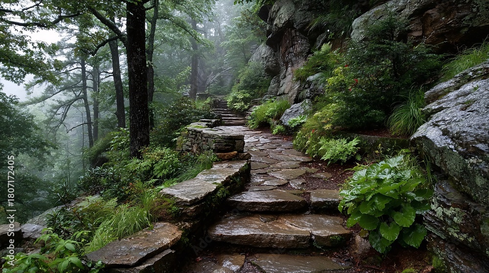 Obraz premium Misty Stone Pathway Through Lush Green Forest Landscape in Morning