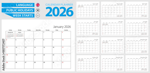 Wall calendar planner for 2026. English language, week starts from Sunday.