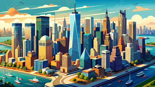 Very beautiful aerial panorama of Lower Manhattan in New York City, featuring soaring skyscrapers, shimmering waterfront edges, and a sweeping view of the iconic urban skyline under clear daylight.