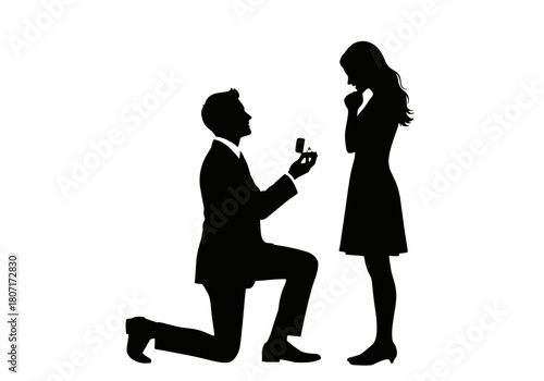 Timeless silhouette captures a man's heartfelt marriage proposal to a woman, symbolizing enduring love and commitment