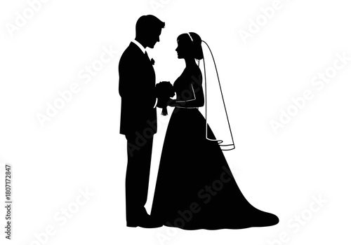 Elegant silhouette of a loving bride and groom on their joyous wedding day, symbolizing romance and commitment
