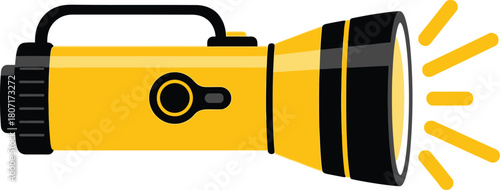 Illustration of yellow and black flashlight emitting bright light rays, vector icon art.