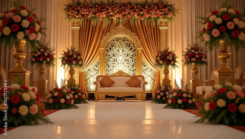 Obraz premium Traditional Malay pelamin decorated with songket backdrop, golden frames, and floral arrangements