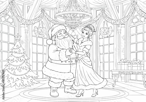 Festive Christmas scene coloring pages Santa and a princess dancing in a beautifully decorated room