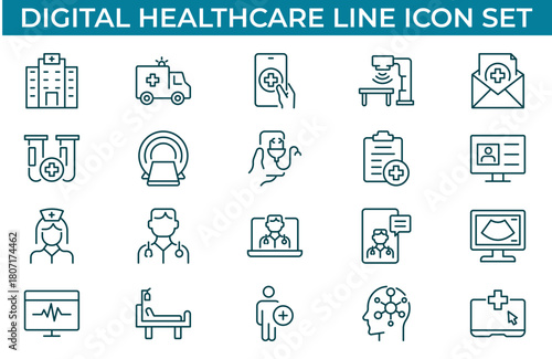 Digital healthcare line icons. Diagnosis, technology, app etc. Editable stroke