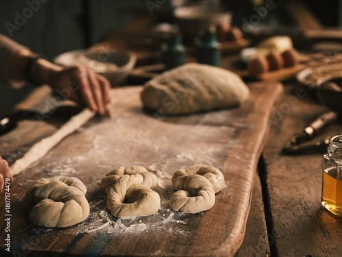 Hands skillfully shape dough into traditional Romanian Mucenici, surrounded by flour and kitchen tools. This activity captures the essence of Romanian culinary heritage