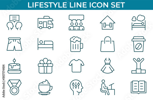 Lifestyle outline icons set. Containing healthy lifestyle, diet, exercise, sleep, relationships, running, Editable stroke outline icon.