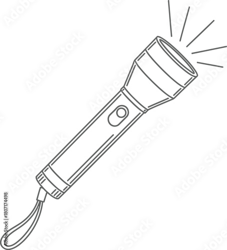 Simple line art illustration of a handheld flashlight emitting light with a wrist strap