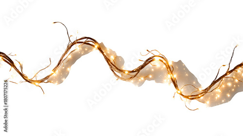 Glowing Christmas light string arranged in wave pattern isolated on white background
