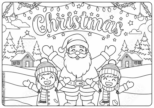 Delightful holiday scene with Santa Claus and happy children, perfect for festive coloring pages activities