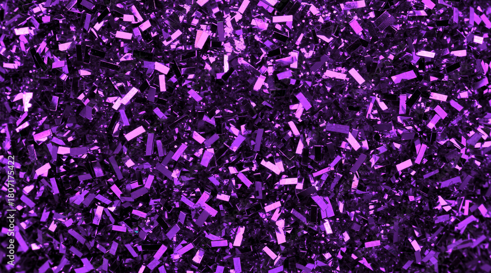 Fototapeta premium Abstract amethyst glitter flakes, macro purple metallic confetti, glamorous holiday gift wrap.