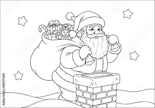 Joyful winter character with gift sack descending chimney fun printable coloring pages for children