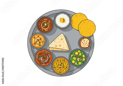 Illustration of Traditional Indian Thali with Rice, Curries, Flatbread, Papad, and Salad