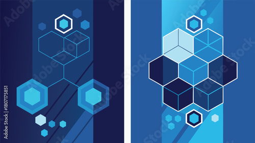 Two blue banners featuring hexagonal shapes and wave patterns..eps