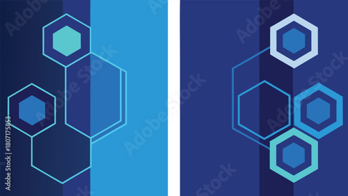 Two blue banners adorned with hexagons and flowing wave designs..eps
