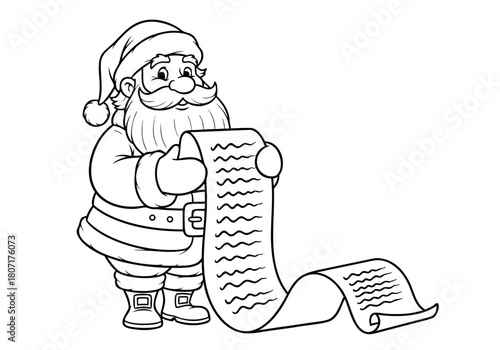 Charming Santa Claus reviewing his extensive festive list, ideal vector outline for holiday coloring pages