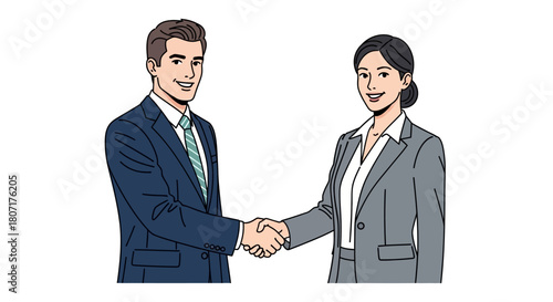 Illustration of a Man and Woman Shaking Hands in a Professional Business Setting