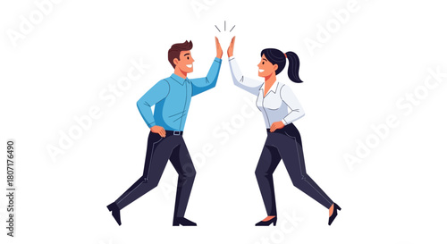 Dynamic illustration depicting two enthusiastic colleagues high-fiving in celebration of a project milestone, reflecting partnership and victorious collaboration