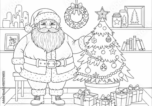 Joyful Santa Claus with Christmas Tree Scene Outline for Creative Holiday Coloring Pages