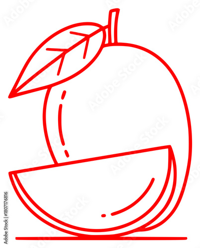 A line drawing of a peach with a leaf and a slice, cantaloupe, fruit, icon, illustration, leaf, melon, orange, peach, slice, against transparent background