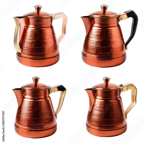 Copper teapots, hammered texture, assorted handles