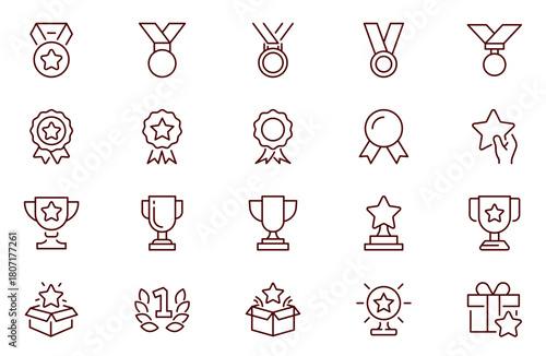 Reward Line Icons Set Trophy Medals Winner Success And Achievement Concept
