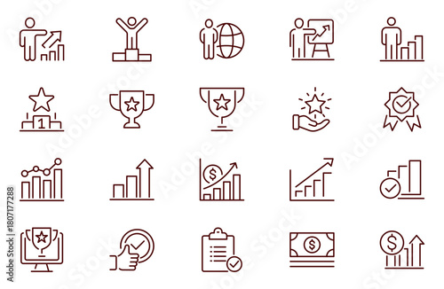Success and growth icon set. Benefit and reward icons collection. Loyalty program line icons. Bonus card, award and winner gift, achievement, employee.