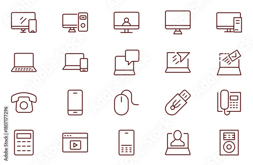 Devices Related  Line Icon set. Contains such Icons as Game Console, Smart Speaker, Action Camera and more. Editable Stroke.