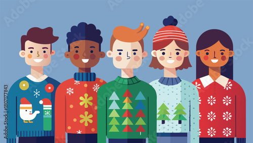 Several individuals showcasing their quirky and festive ugly Christmas sweaters during a holiday celebration..eps