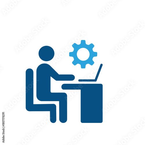 An illustration of a person working at a desk with a laptop, accompanied by a gear icon, symbolizing various aspects of business operations, including workflow, development, and administration.