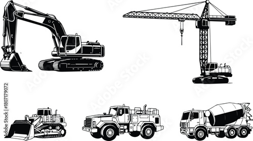 Heavy construction machinery, vehicles for building projects set