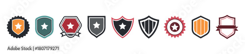 Shield Icon Collection with Stars, Ribbons, and Colorful Designs
