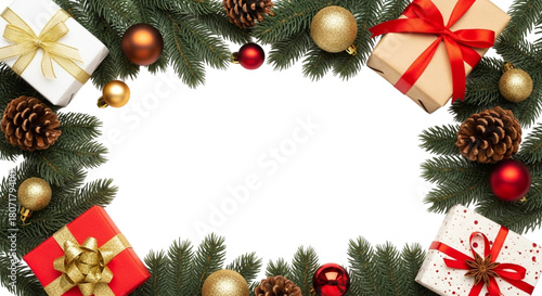 Christmas fir tree branch frame decorated with pine cones, baubles, and wrapped gift boxes, creating a festive border on a transparent background
