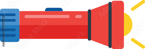 Modern red flashlight flat design icon emitting a bright yellow light beam, emergency tool