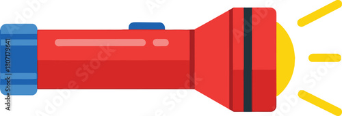Flat design illustration of a red flashlight emitting bright yellow light, icon, vector