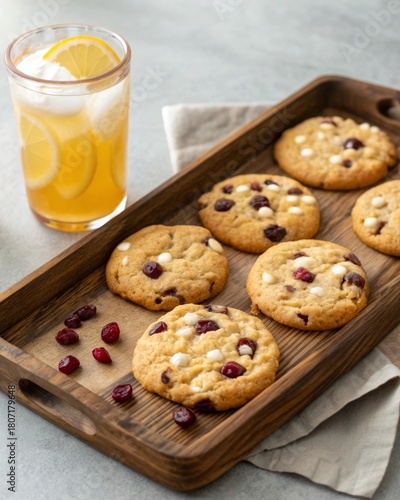 Baking session cranberry white chocolate cookies on a rustic tray with cold iced lemon tea in a glass in a cozy kitchen environment
