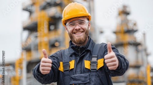 At a refinery a cheerful Caucasian worker in overalls and a helmet gives a thumbs up
