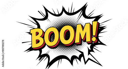 Vibrant yellow and red Boom! text inside a classic comic book explosion bubble, a retro pop art style sound effect illustration isolated on white