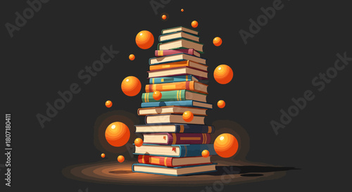 Stack of knowledge Old books piled high with glowing spheres, symbolizing learning and discovery