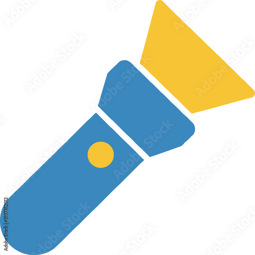 Minimalist blue flashlight icon illuminating with a radiant yellow light beam graphic