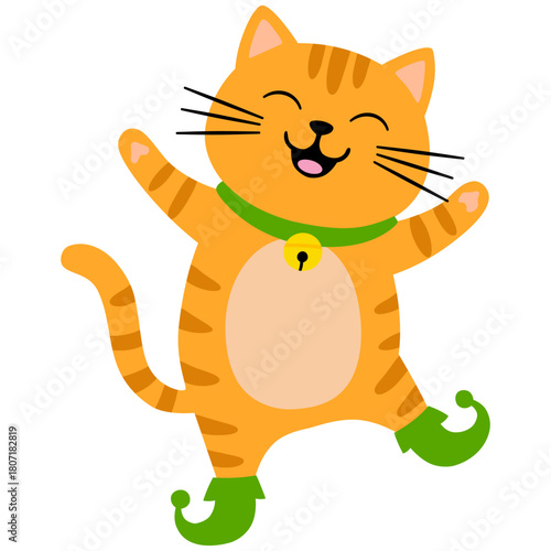 Cute and happy Christmas cat dancing in green shoes. Charming illustration in flat cartoon style for greeting cards, season greetings, end other design.