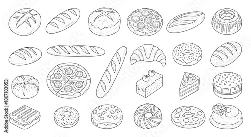 Collection of hand-drawn baked goods and pastries in a simple line art style.