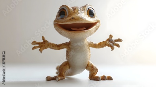 Cheerful Cartoon Style Frog Figure Posing Excitedly on White Background