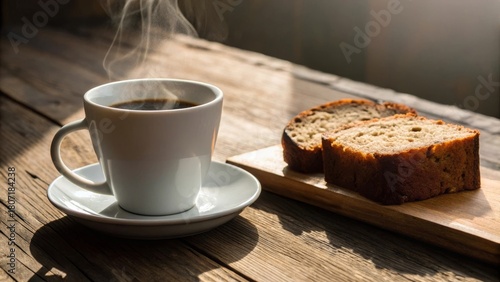 Sipping hot coffee with a slice of banana bread on a rustic wooden table in the morning a cozy breakfast experience