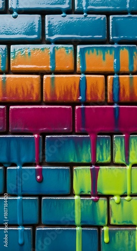 Vibrant dripping multicolor paint on glossy tiled brick wall for texture.