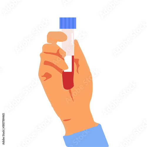 Human hand holding a test tube with a blood sample for medical analysis, isolated flat vector illustration