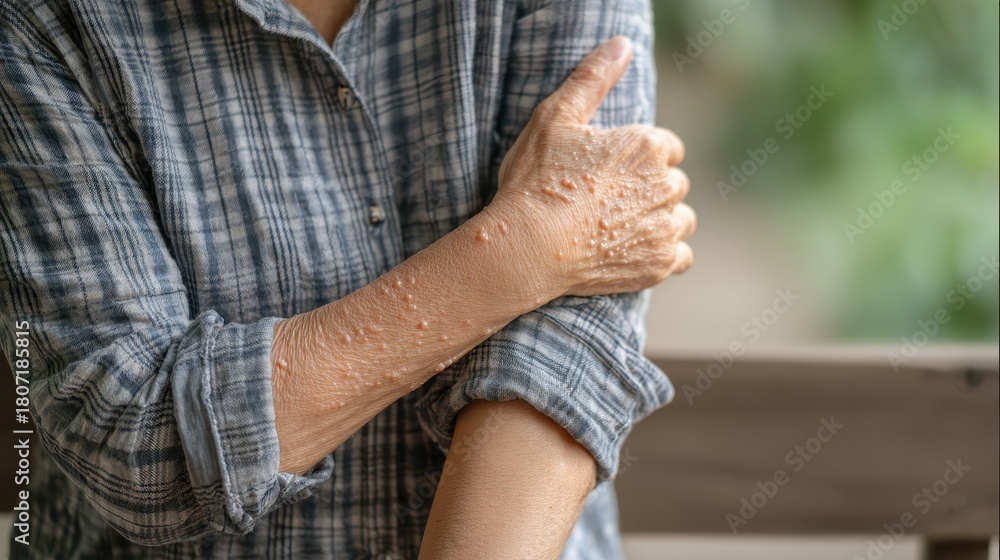 Fototapeta premium An elderly woman is scratching her arm due to mosquito bites dry skin or a rash from allergies