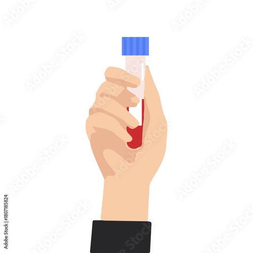 Hand holding a blood sample vial, medical illustration for healthcare and laboratory concepts